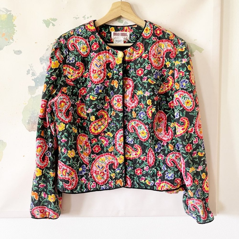 VTG Maggy London Blouse Size 14 Quilted Silk Shacket Button Front Floral Paisley